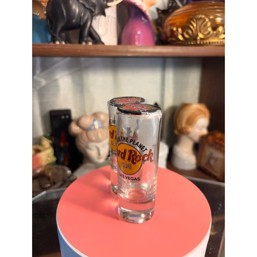Hard Rock Cafe Las Vegas Save The Planet Shot Glass Pair with Pin Backs Clear